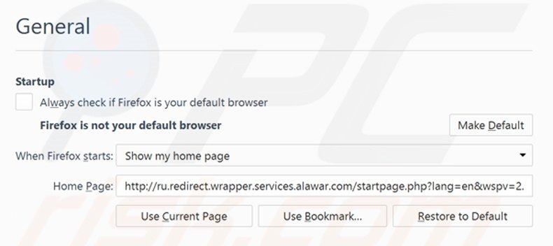 Removendo a página inicial start.alawar.com do Mozilla Firefox