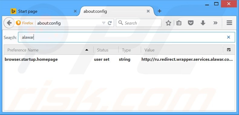Removendo a página inicial start.alawar.com e motor de busca padrão do Mozilla Firefox