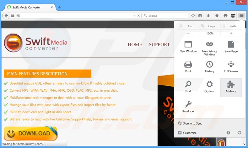 Removendo os anúncios Swift Media Converter do Mozilla Firefox passo 1