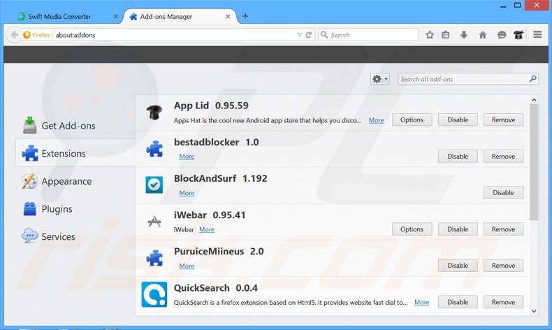 Removendo os anúncios Swift Media Converter do Mozilla Firefox passo 2