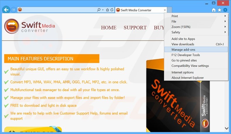 Removendo os anúncios Swift Media Converter do Internet Explorer passo 1