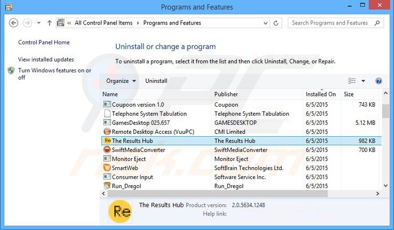 desinstalação do adware the results hub através do Painel de Controlo