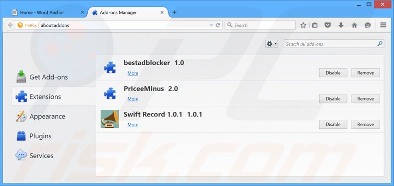 Removendo os anúncios WordAnchor do Mozilla Firefox passo 2