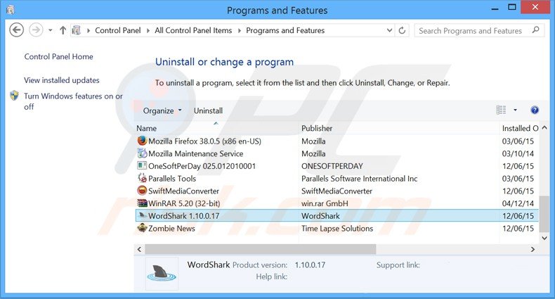 desinstalar o adware Word Shark via Painel de Controlo