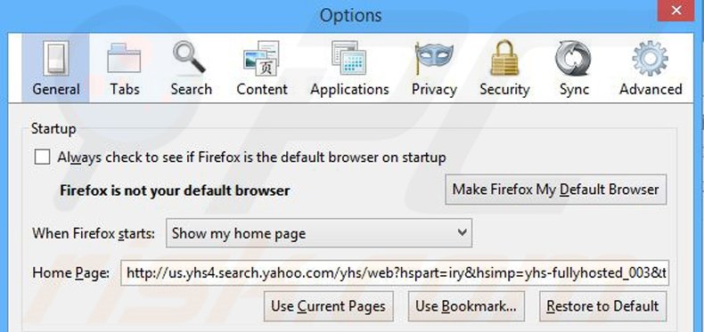 Removendo a página inicial yhs4.search.yahoo.com do Mozilla Firefox