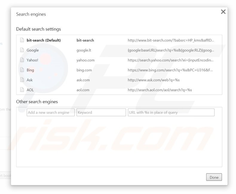 Removendo bit-search.com do motor de busca padrão do Google Chrome