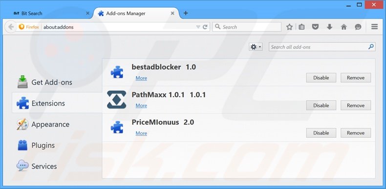Removendo as extensões relacionadas a bit-search.com do Mozilla Firefox