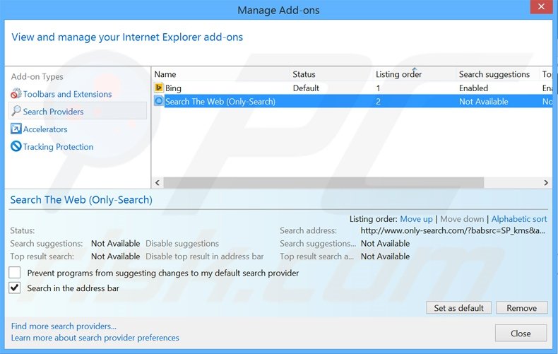 Removendo o motor de busca inicial bit-search.com do Internet Explorer
