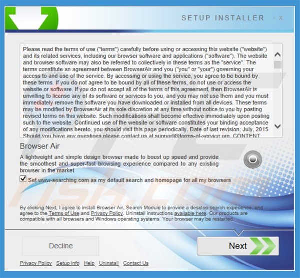Configuração da instalação fraudulenta usada para distribuir o adware BrowserAir