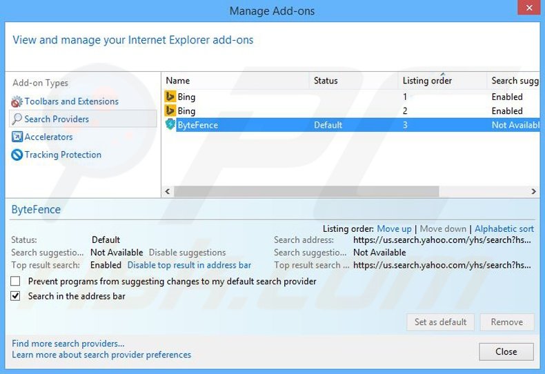 Removendo o motor de busca inicial ByteFence do Internet Explorer
