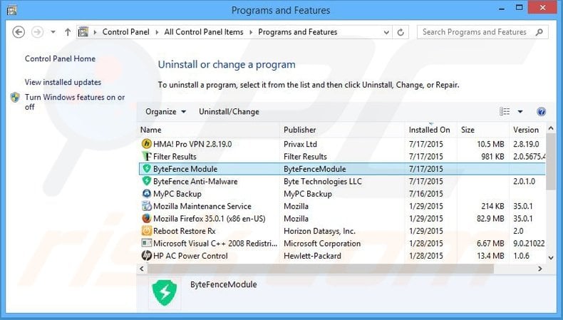 desinstalar o sequestrador de navegador ByteFence via Painel de Controlo