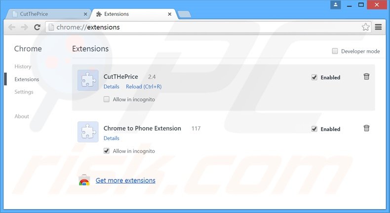 Removendo os anúncios CutThePrice do Google Chrome passo 2