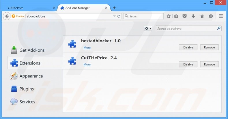 Removendo os anúncios CutThePrice do Mozilla Firefox passo 2