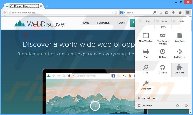 Removendo os anúncios WebDiscover do Mozilla Firefox passo 1