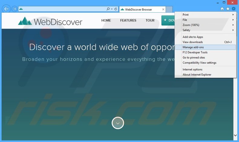 Removendo os anúncios WebDiscover do Internet Explorer passo 1