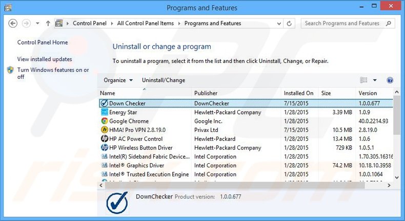 desinstalar o adware Down Checker via Painel de Controlo