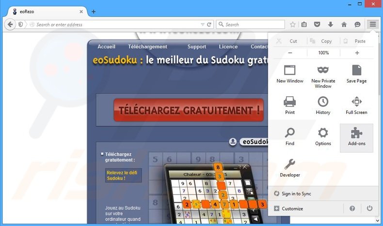 Removendo os anúncios eoRezo do Mozilla Firefox passo 1