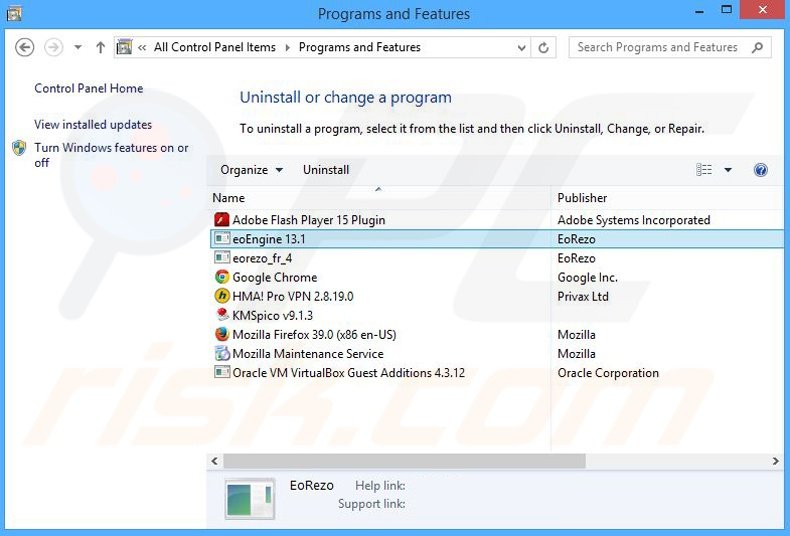 desinstalar o adware eoRezo via Painel de Controlo