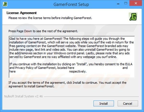 Configuração do instalador do adware GamerForest oficial