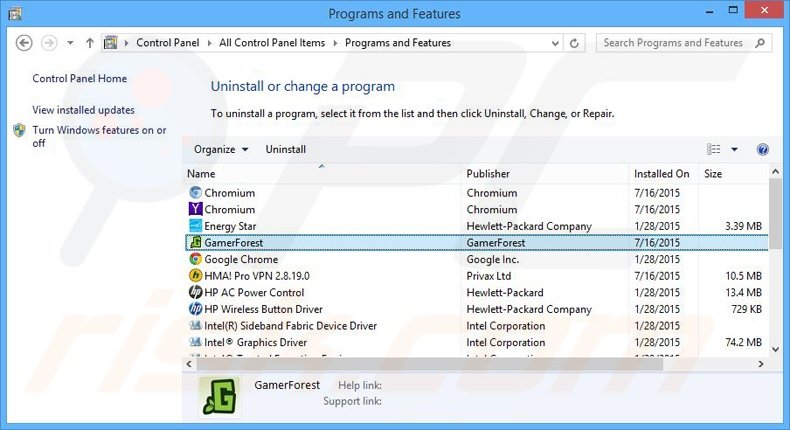 desinstalar o adware GamerForest via Painel de Controlo