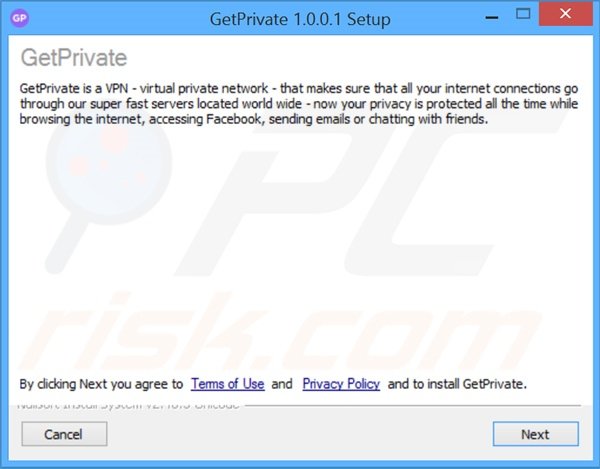 Configuração do instalador do adware GetPrivate