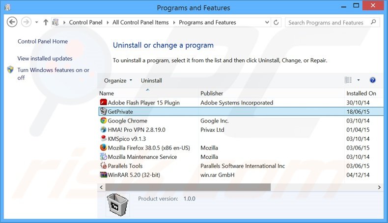 desinstalar o adware GetPrivate via Painel de Controlo