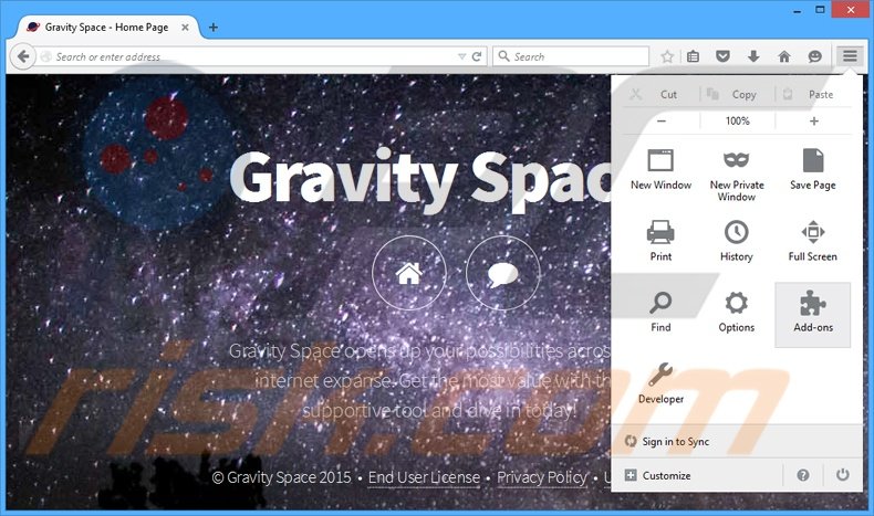 Removendo os anúncios Gravity Space do Mozilla Firefox passo 1
