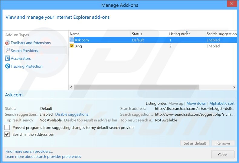 Removendo o motor de busca inicial search.ask.com do Internet Explorer