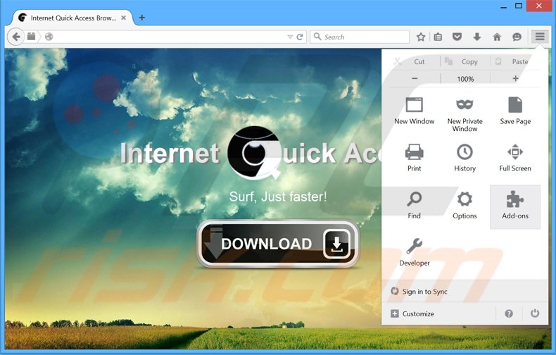 Removendo os anúncios Internet Quick Access do Mozilla Firefox passo 1