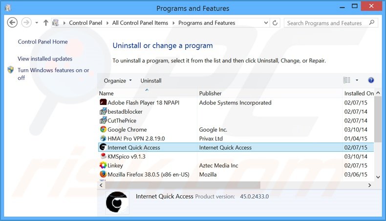 desinstalar o adware Internet Quick Access através do Painel de Controlo