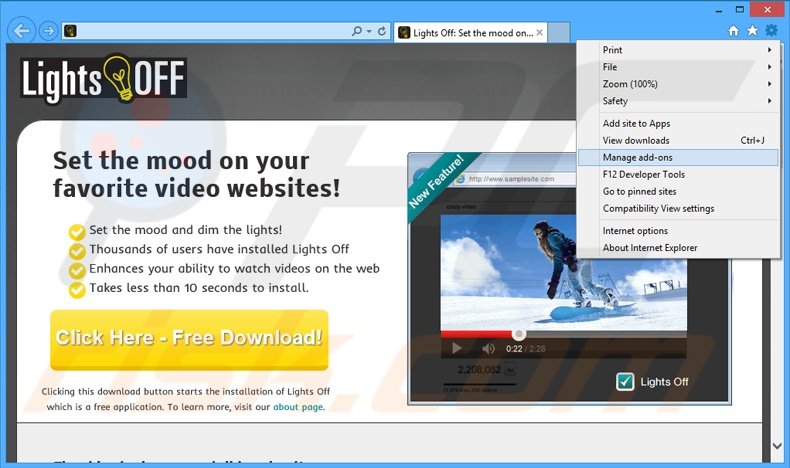 Removendo os anúncios Lights Off do Internet Explorer passo 1