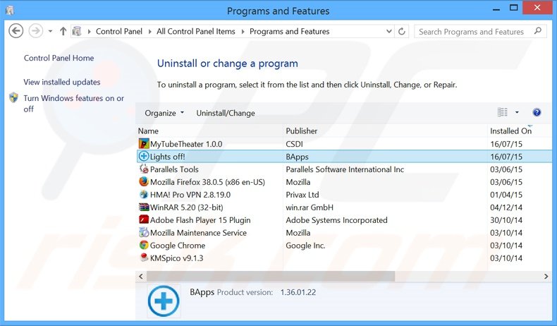 Desinstalar a aplicação Lights Off do Painel de Controlo.