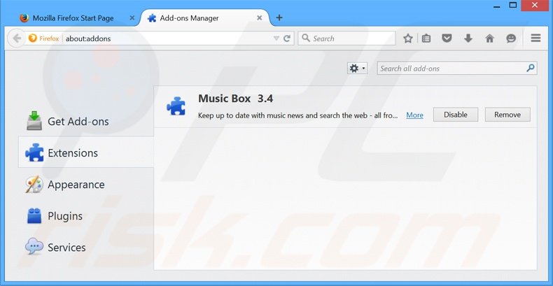 Removendo as extensões relacionadas a MusicBox do Mozilla Firefox