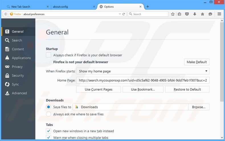 Removendo search.mycouponsxp.com da página inicial do Mozilla Firefox