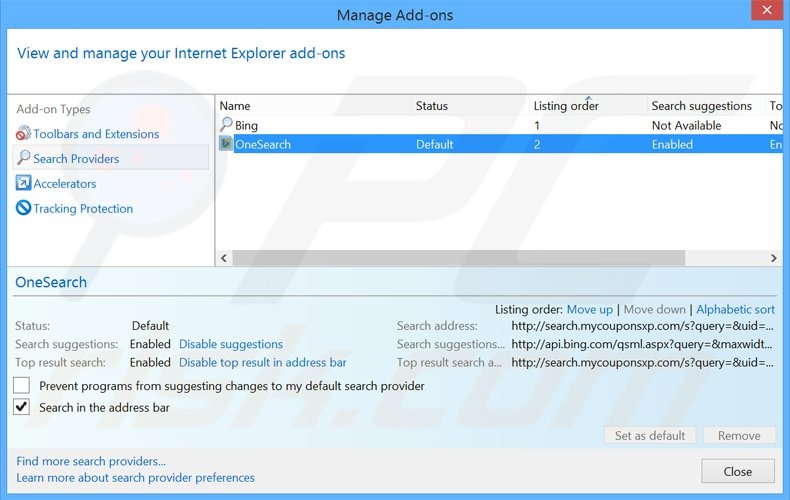 Removendo o motor de busca inicial search.mycouponsxp.com do Internet Explorer