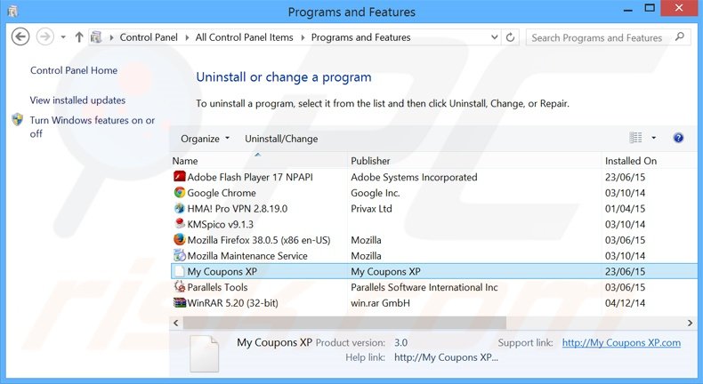 desinstalar o sequestrador de navegador search.mycouponsxp.com via Painel de Controlo