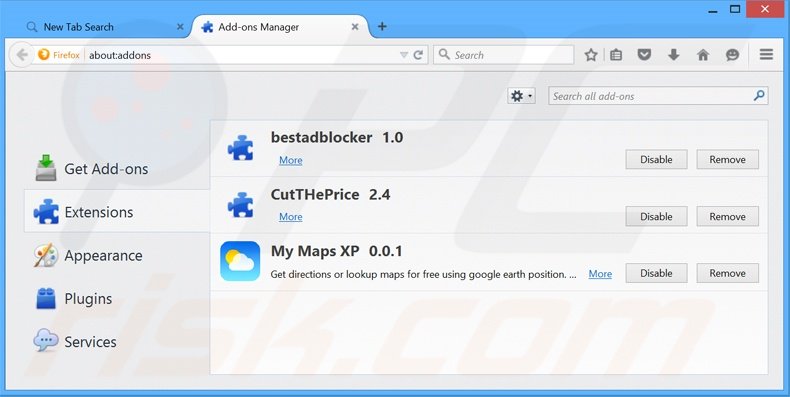 Removendo as extensões relacionadas a search.mymapsxp.com do Mozilla Firefox