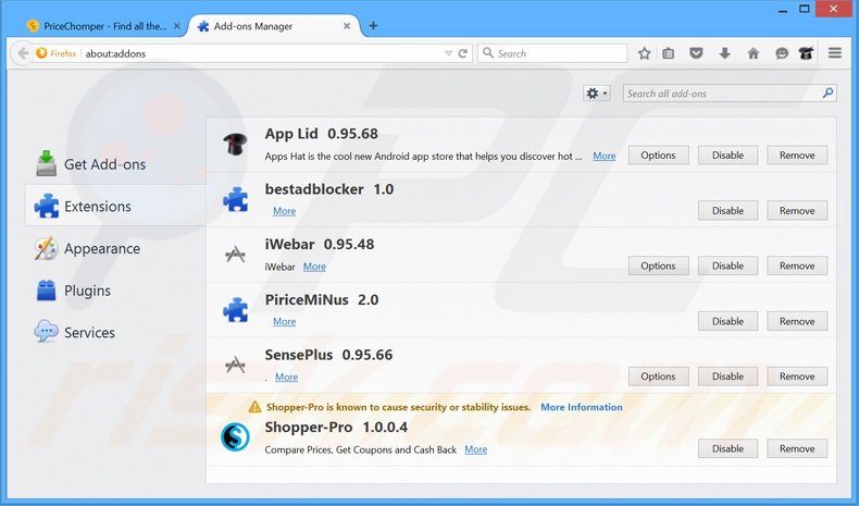 Removendo os anúncios PriceChomper do Mozilla Firefox passo 2