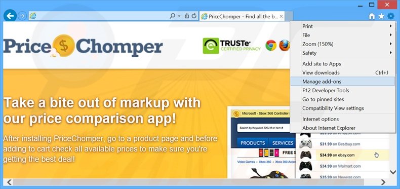 Removendo os anúncios PriceChomper do Internet Explorer passo 1