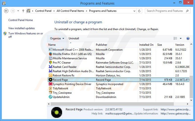 desinstalar o adware record page via Painel de Controlo