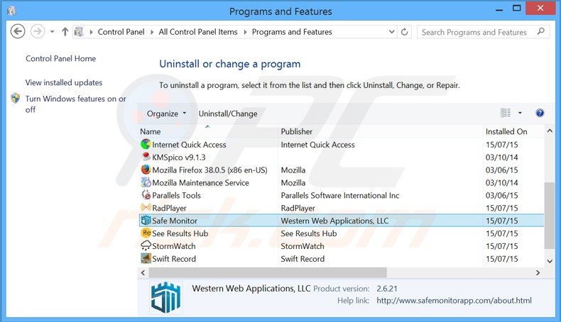 desinstalar o adware safe monitor através do Painel de Controlo