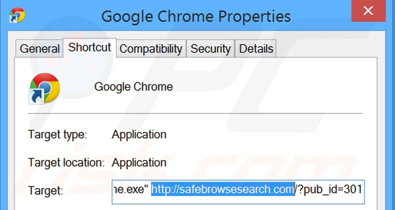 Removendo safebrowsesearch.com do atalho do Google Chrome passo 2