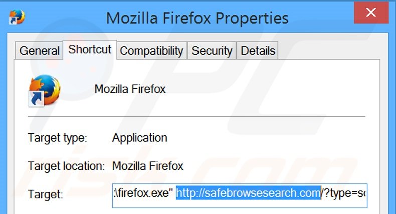Removendo safebrowsesearch.com do atalho do Mozilla Firefox passo 2