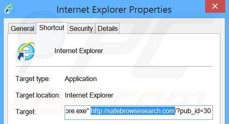 Removendo safebrowsesearch.com do atalho do Internet Explorer passo 2