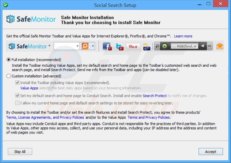 configuração do instalador de adware safemonitor