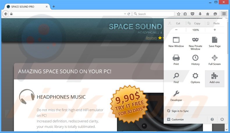 Removendo os anúncios SpaceSoundPro do Mozilla Firefox passo 1