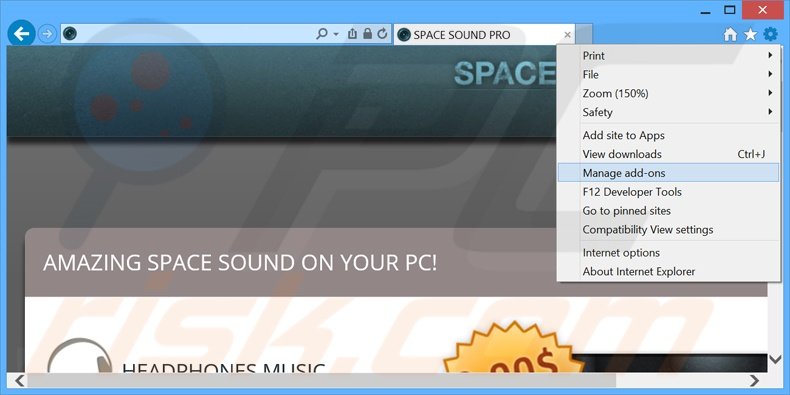 Removendo os anúncios SpaceSoundPro do Internet Explorer passo 1
