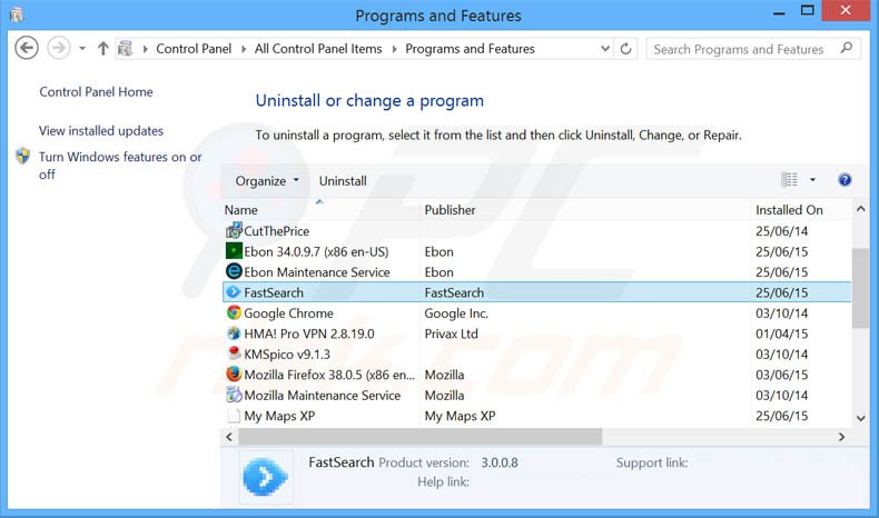 desinstalar o adware Sponsored Ads via Painel de Controlo