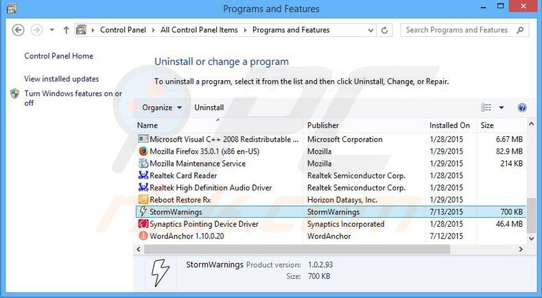 desinstalar o adware stormwarnings via Painel de Controlo
