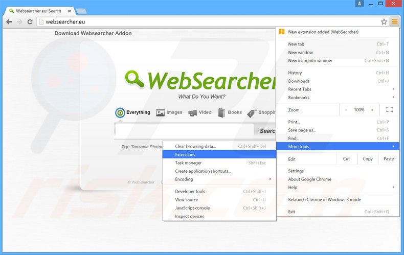 Removendo os anúncios WebSearcher do Google Chrome passo 1